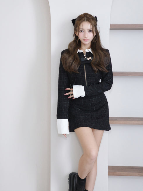 Asymmetry buckle tweed dress